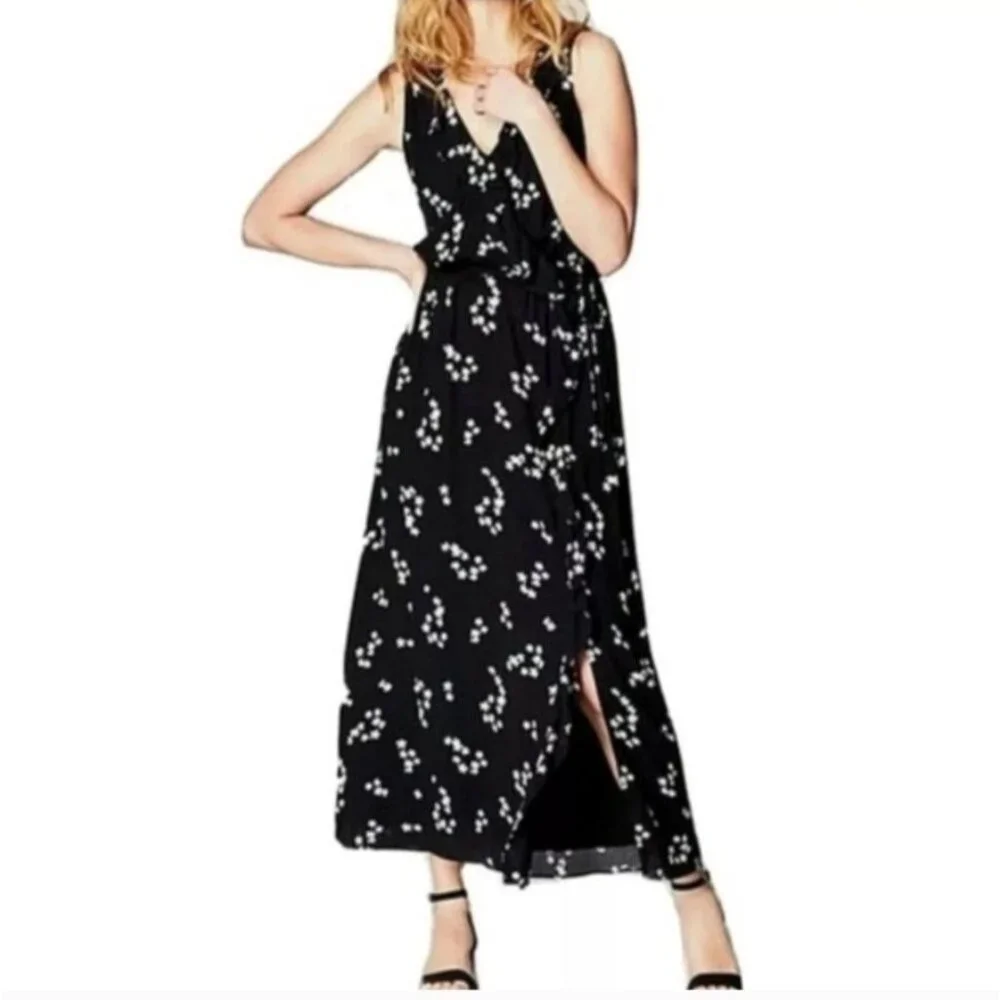J.Jill Womens XL Petite Black Sleeveless Faux Wrap Maxi Dress Star Floral Ruffle - Picture 1 of 11